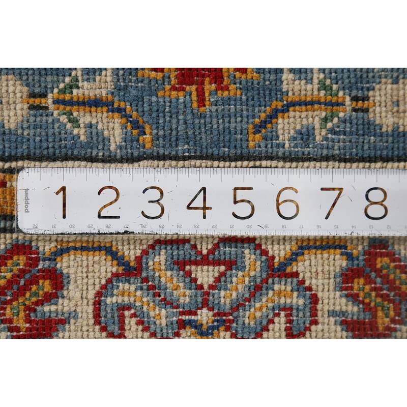Light Blue Geometric Kazak Runner Rug Hand-Knotted Wool Carpet - 2'8" x 9'6"