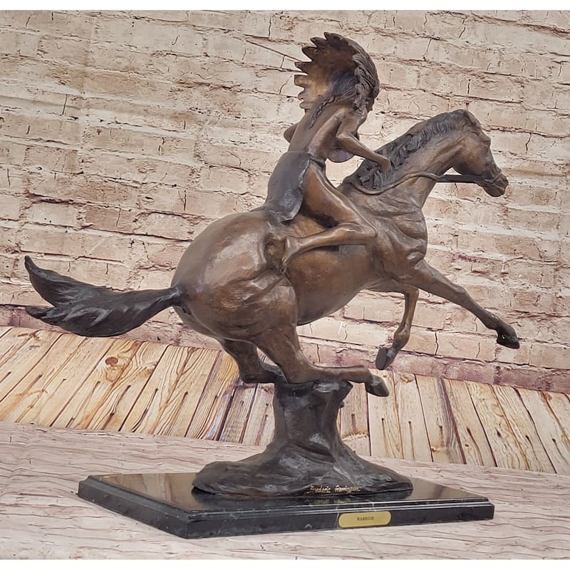 Frederic Remington Warrior Bronze Sculpture Statue Native American Headdress 20 Inches X 25 Inches