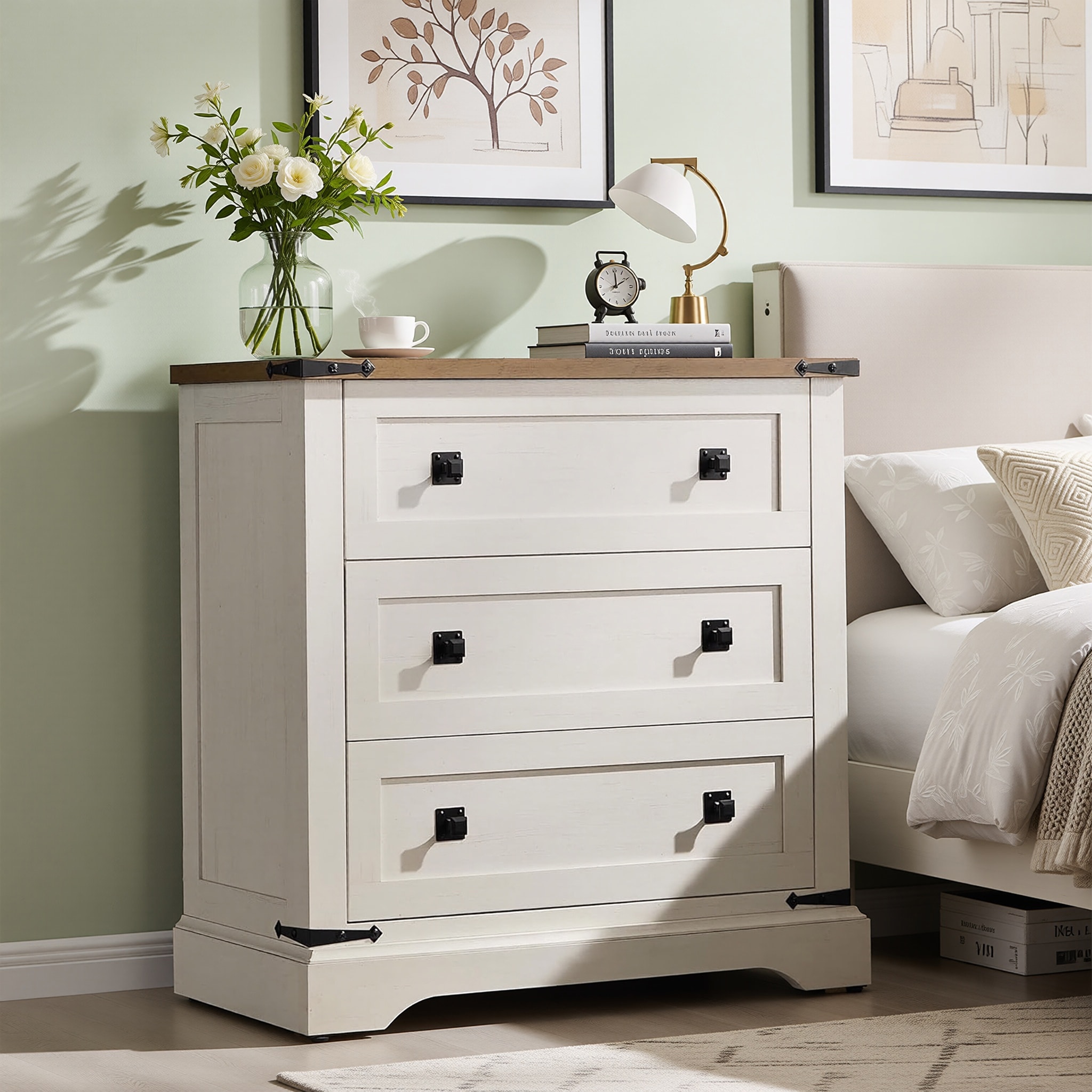 32" Farmhouse Nightstand, End Table with 3 Drawers, Charging Station