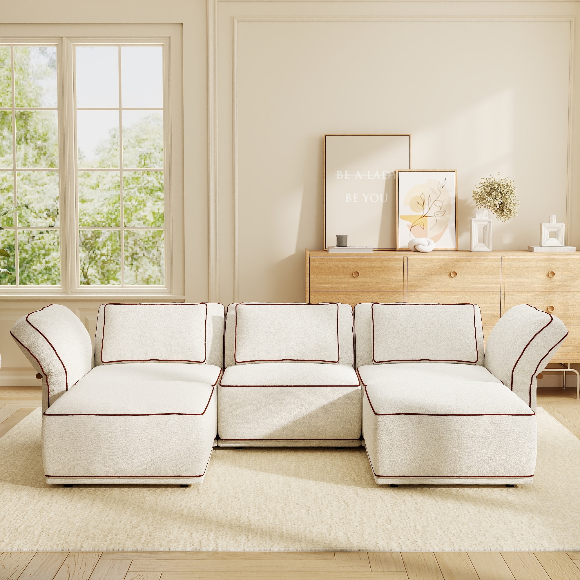 128.36" Modern 5-Seat Boucle U-Shaped Modular Sectional Sofa with Two Ottomans