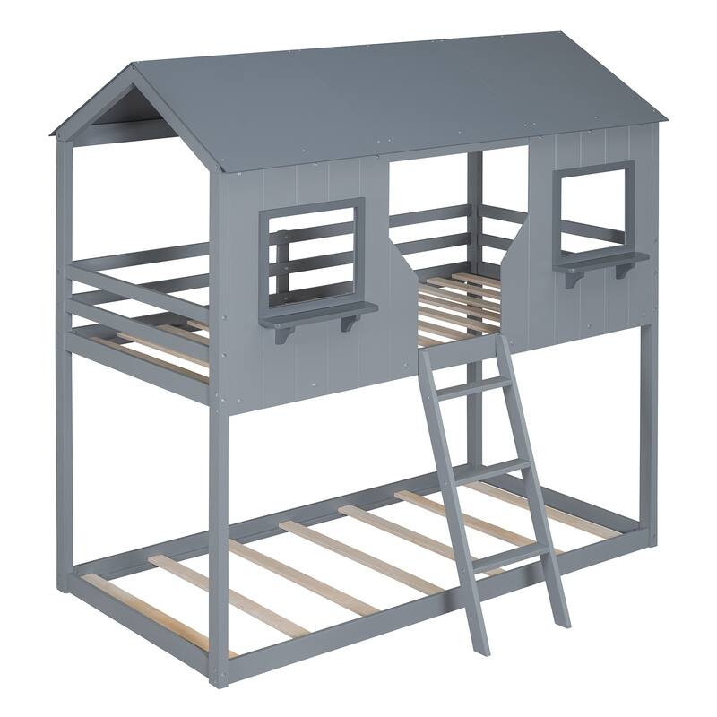 Bunk Bed Wood Bed with Roof, Window, Guardrail, Ladder