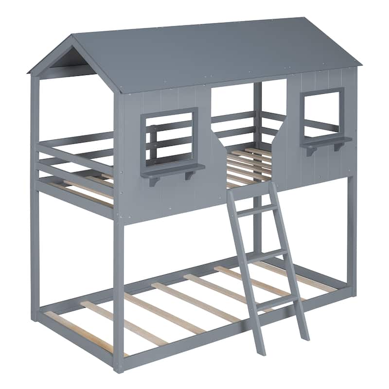 Twin Over Twin Bunk Bed Wood Bed with Roof, Window, Guardrail, Ladder