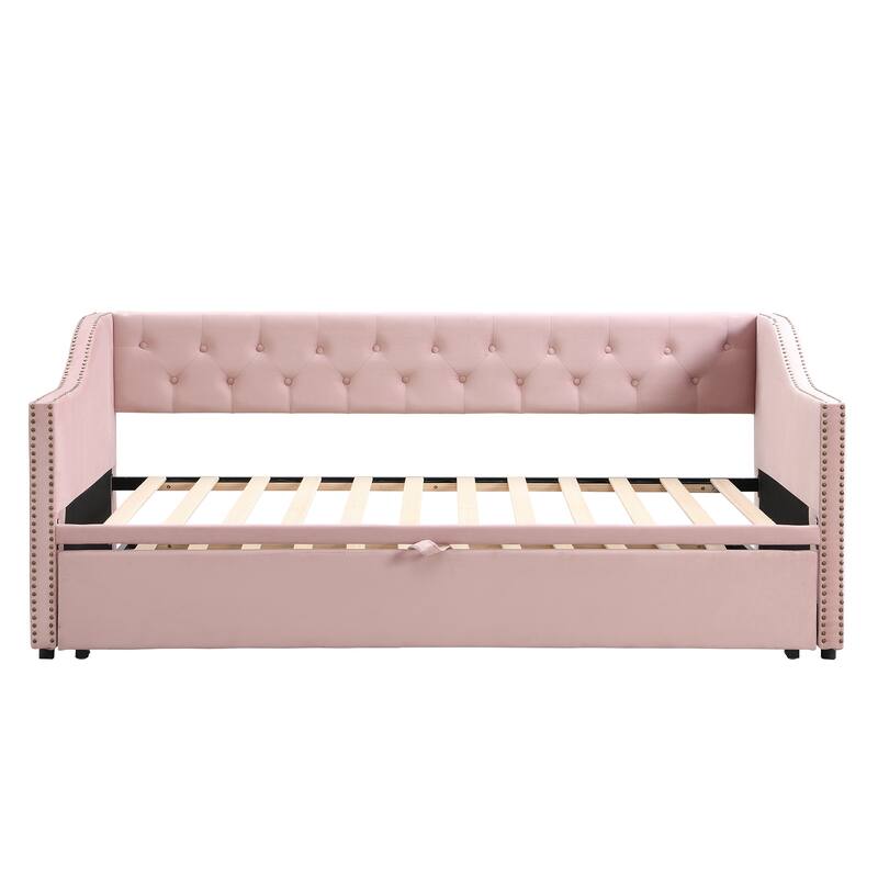 Twin Size Upholstered Daybed with Pop-Up Trundle, Expandable from Twin to King, Velvet with Armrests