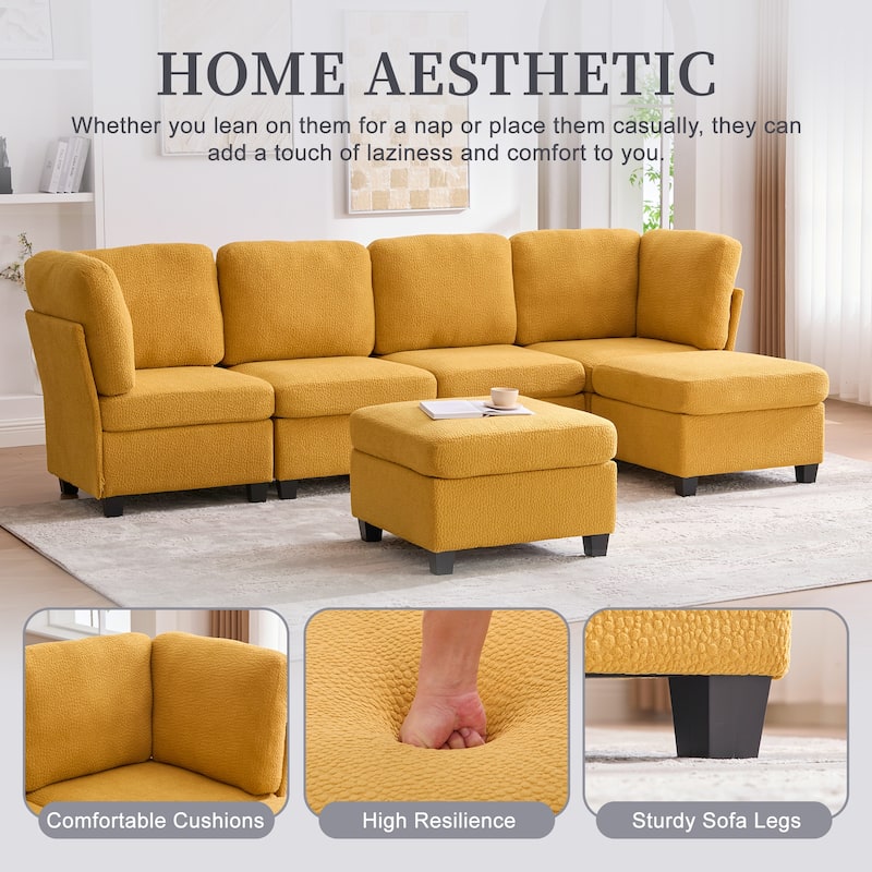 HOMEFUN 6-Seat Polyester Upholstered U-Shaped Modular Storage Sleeper Sectional Sofa with Storage Ottoman