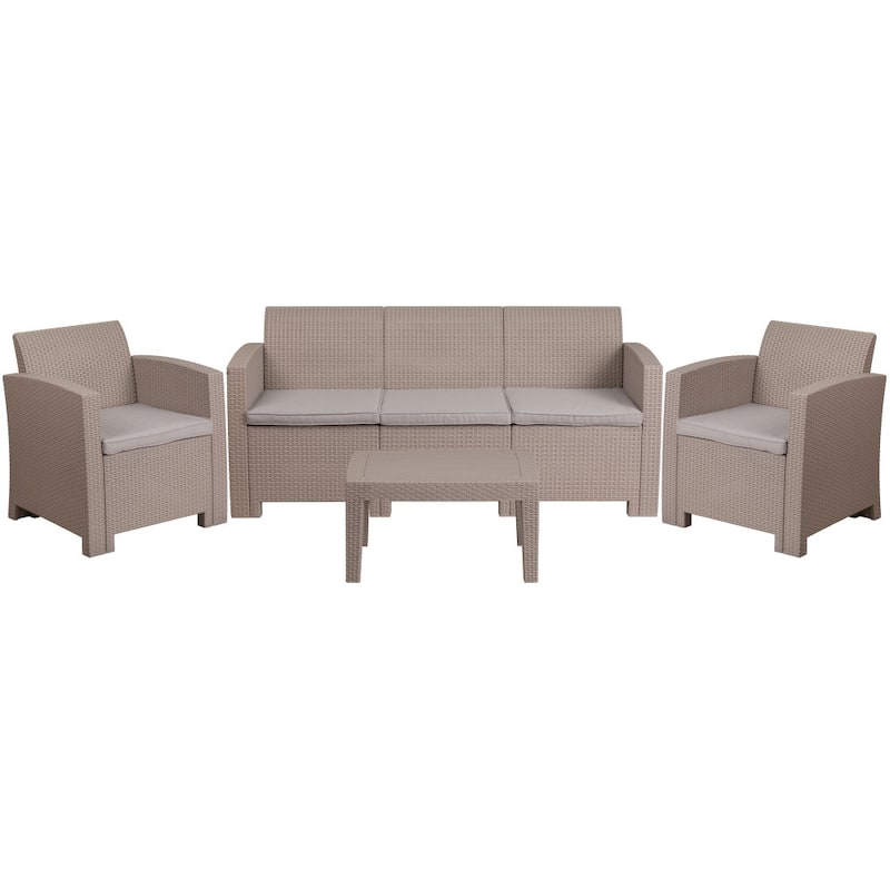 4 Piece Outdoor Faux Rattan Chair, Sofa and Table Set