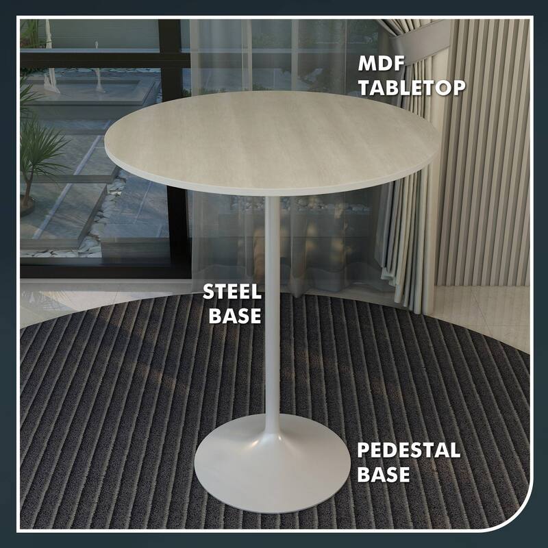 LeisureMod Verve 36" Round Dining Table with MDF Wood TableTop and White Steel Base for Kitchen & Dining Room