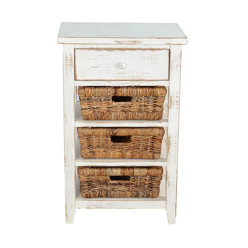 Rena End Table, 3 Natural Rattan Storage Baskets, 20 Inch White Wood