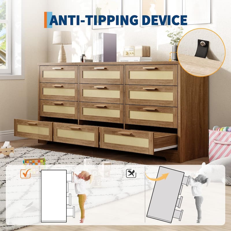 12 Drawer Dresser for Bedroom, Modern Farmhouse Rattan Chest of Drawers with Handles, Wood Dresser for Closet