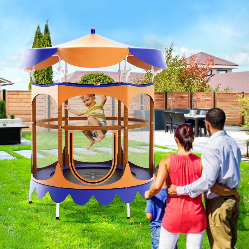 Gymax 64'' Kids Trampoline w/ Detachable Canopy Safety Enclosure Net