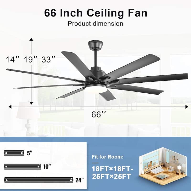76 Inch Ceiling Fan with Light and Remote,8 Solid Wood Blades,Smart Control,Reversible Airflow - 76 inch