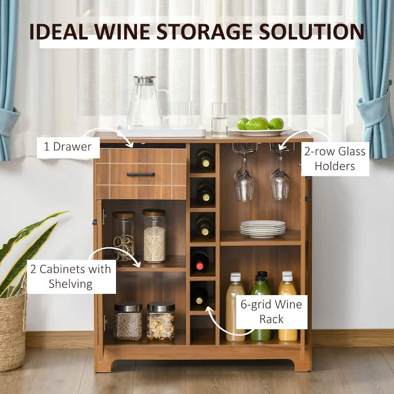 Coffee Bar Cabinet with 6 Bottles Wine Holders, Buffet Cabinet with 2 Rows of Glass Racks, Wooden Bar Cabinet with 1 Drawer