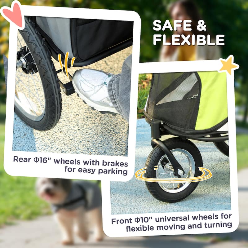 PawHut Dog Stroller, Pet Stroller 3 Wheels with Easy One-Hand Fold, Rubber Wheels, Storage Bag, Soft Cushion, Safety Leash