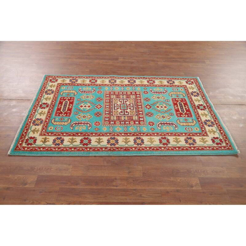 Turquoise Blue Kazak Accent Rug Handmade Wool Carpet - 3'4" x 5'1"