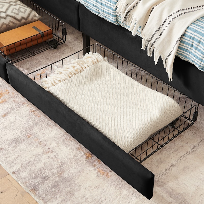Anmytek Black Velvet Storage Bed Frame with Drawers Modern Upholstered Platform Bed for Small Spaces