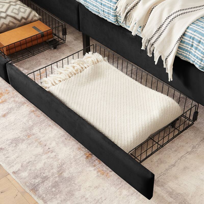 Roomfitters Twin/Full Upholstered Platform Bed with Side Backrest and Underbed Storage Trundle