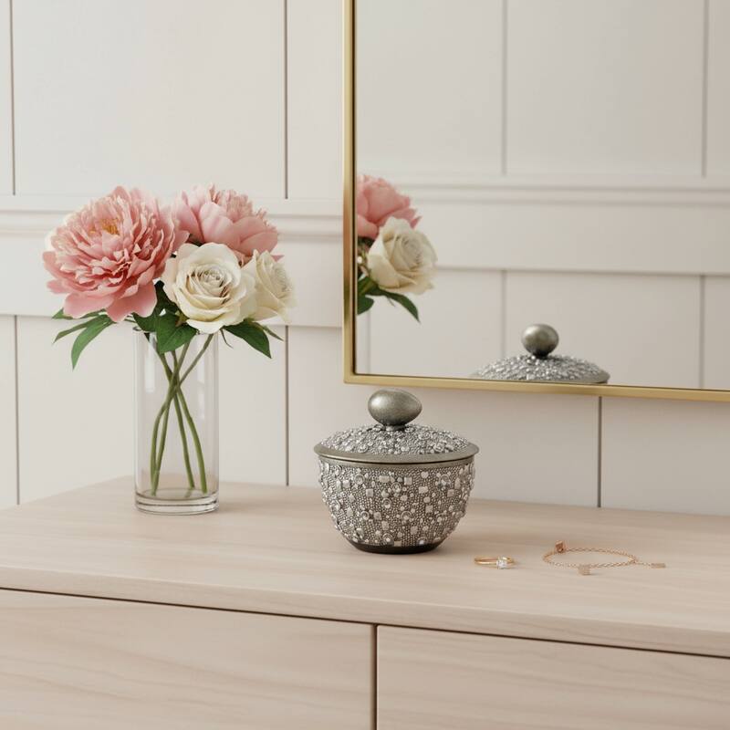 9" Silver Resin Jewelry Box With Gemstones and Crystals - Silver