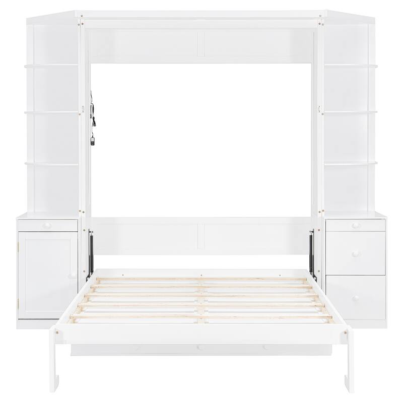 Space Saving Queen Murphy Bed with Integrated Desk, Storage Shelves Hidden Workstation