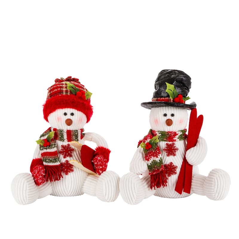 Set of 2 Holiday Red and Green Snowman Figurines - N/A