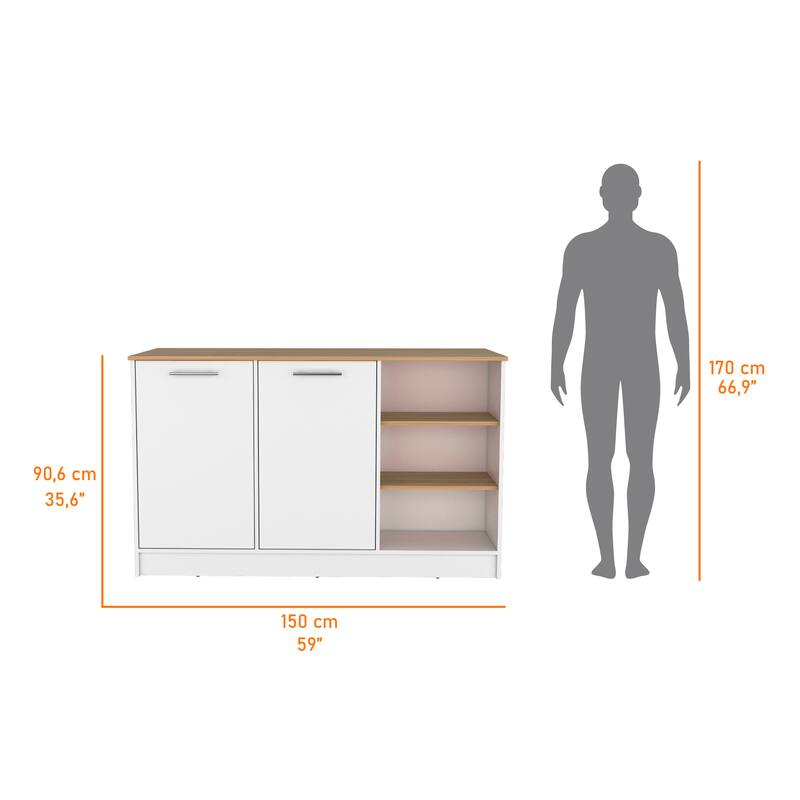 Gladiolus kitchen island in melamine, two doors, three open shelves