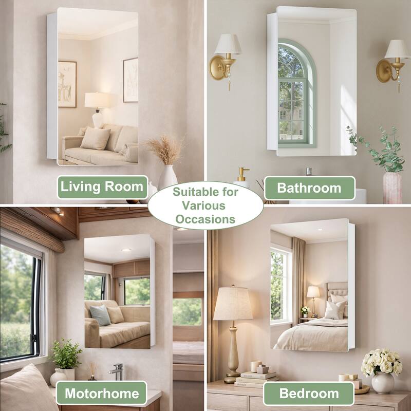 Mira Rectangular Frameless Medicine Cabinet with Mirror, Sliding Adjustable Glass Shelves, Reversible Door