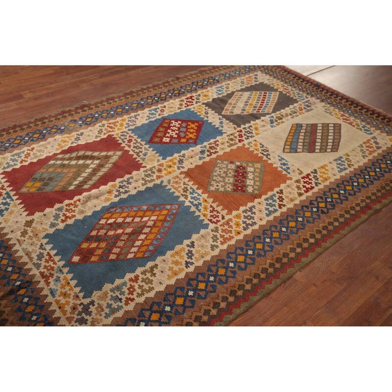 Kilim Qashqai Persian Vintage Rug Hand-Woven Beige Wool Carpet - 5'5"x 8'3"