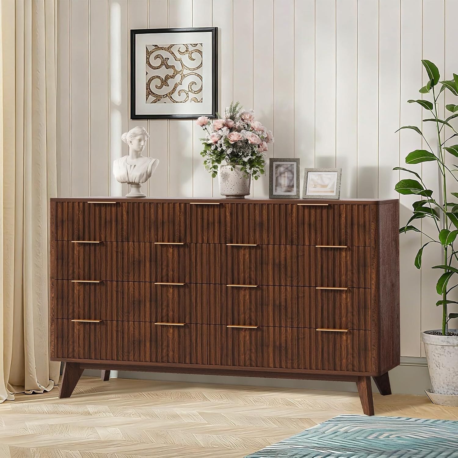 54" Wide 9 Drawer Dresser,Wooden Chest of Drawers with Fluted Wave Pattern, Metal Handles, Modern TV Stand Dresser
