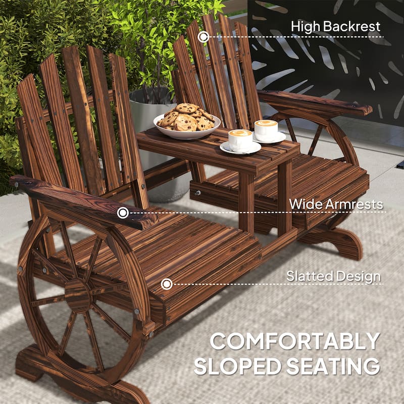 Fir Wood Wagon Wheel Outdoor Garden Bench with Table - 60.6" W x 25.6" D x 40.2" H