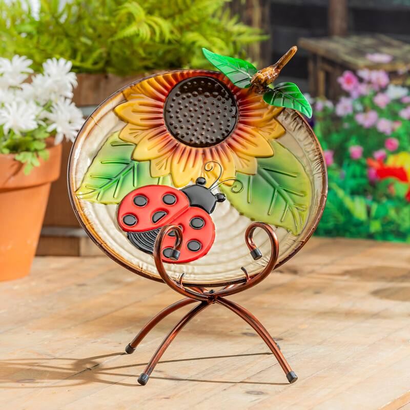 17" Metal Bird Bath, Ladybug & Sunflower