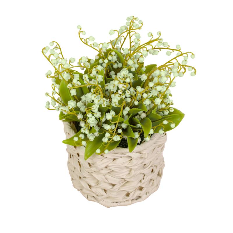 National Tree Company 11 in. Green Lily-of-the-Valley Flowers in White Basket - 11 in