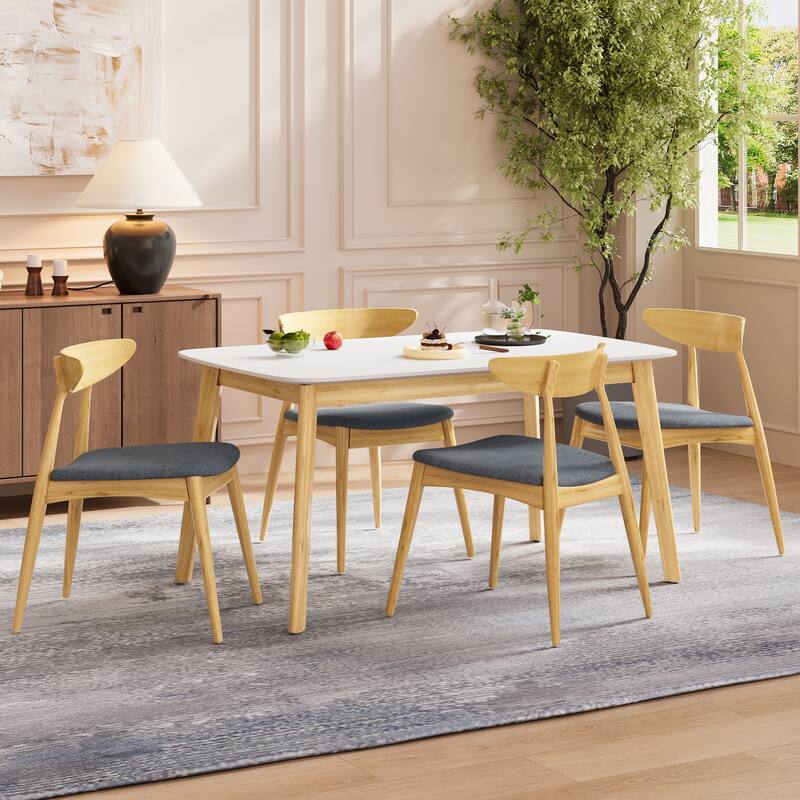 Roomfitters 5-Piece Scandinavian Dining Set, 59" White Oak Table with 4 Ergonomic Beige Upholstered Chairs