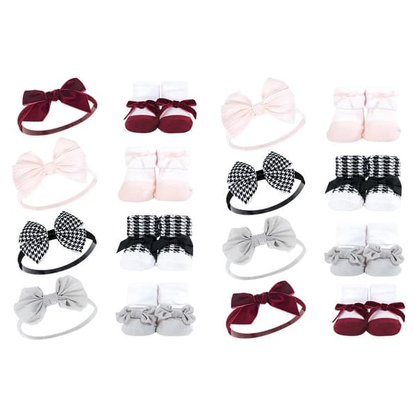 slide 1 of 1, Hudson Baby Infant Girl 16Pc Headband and Socks Giftset, Houndstooth Burgundy, One Size - Houndstooth Burgundy Houndstooth Burgundy - One Size