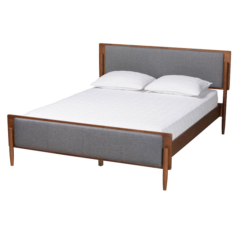 Powers Mid-Century Modern Grey Fabric and Ash Walnut Finished Wood Platform Bed - Queen