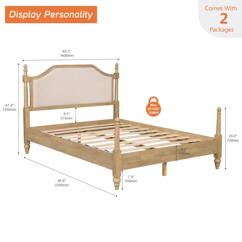 Queen Size Bed Frame With Headboard, Wooden Slat Support, Oak