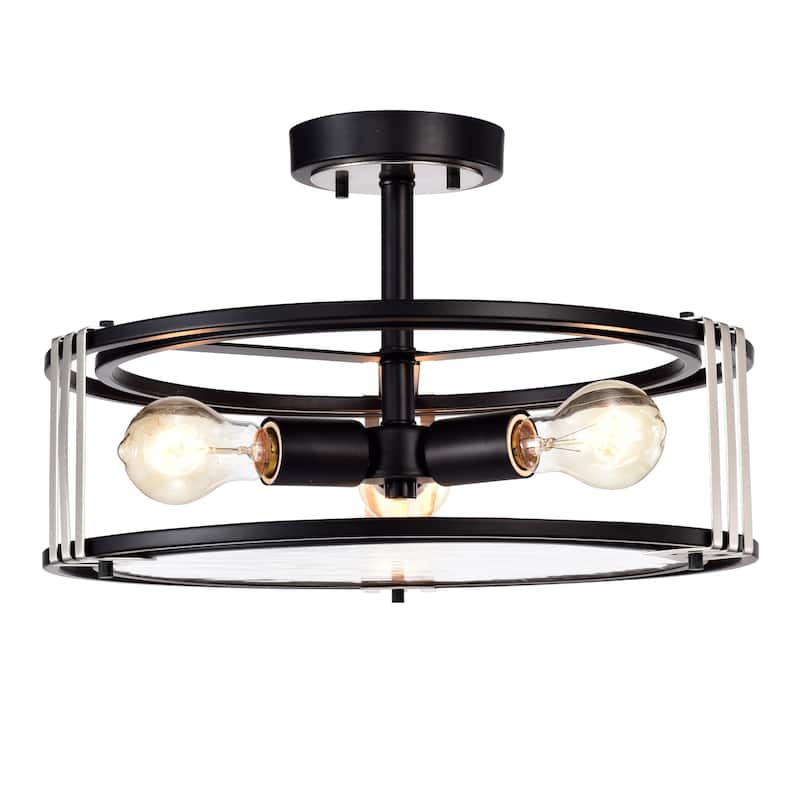 3-Light Black and Brushed Nickel Round Semi Flush Mount with Verre Strie glass - Black and brushed nickel