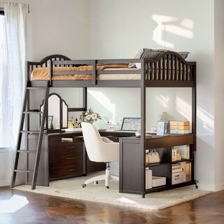 Espresso Full Size Wooden Loft Bed with Tri-fold Mirror, Solid Wood Bed with Desk and Shelves