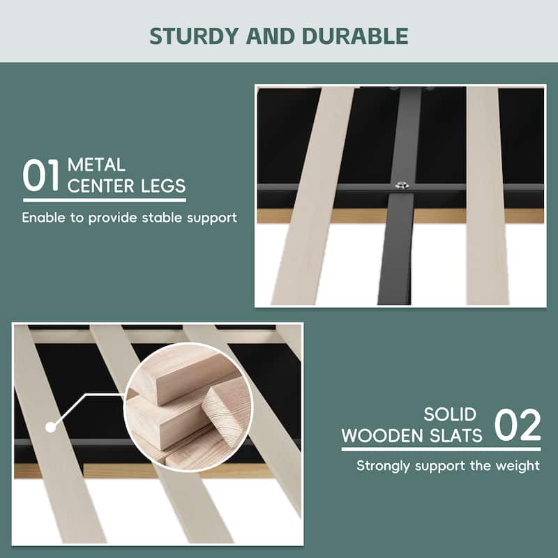 Roomfitters Queen Size Upholstered Platform Bed Frame, Modern Panel Headboard with Rounded Corners, Solid Wood Slats
