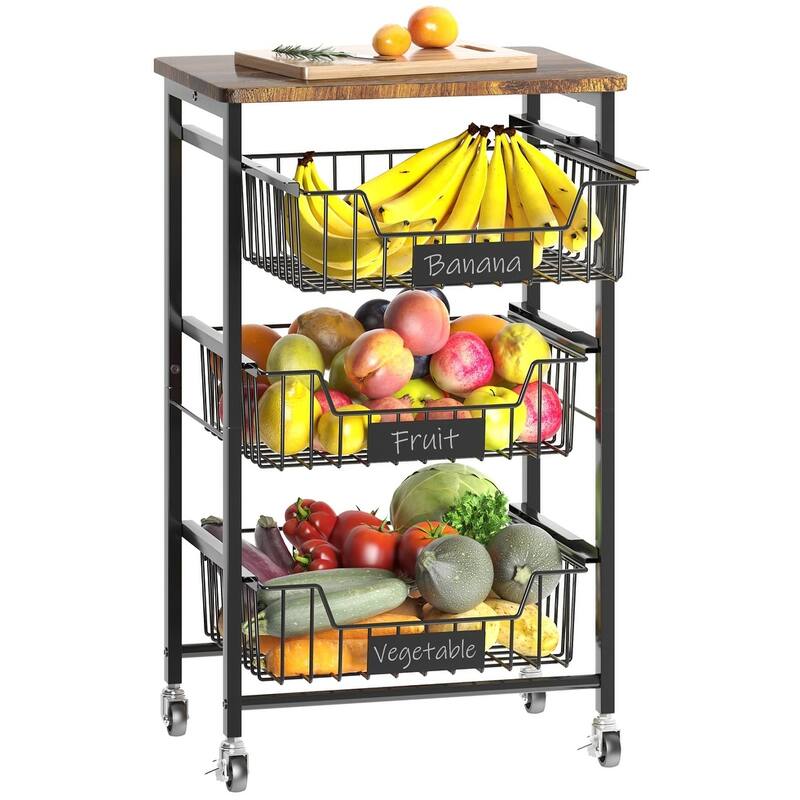 4-Tier Vegetable Fruit Basket Kitchen Storage Rolling Cart on Wheels with Pull-Out Baskets and Wood Top - Brown