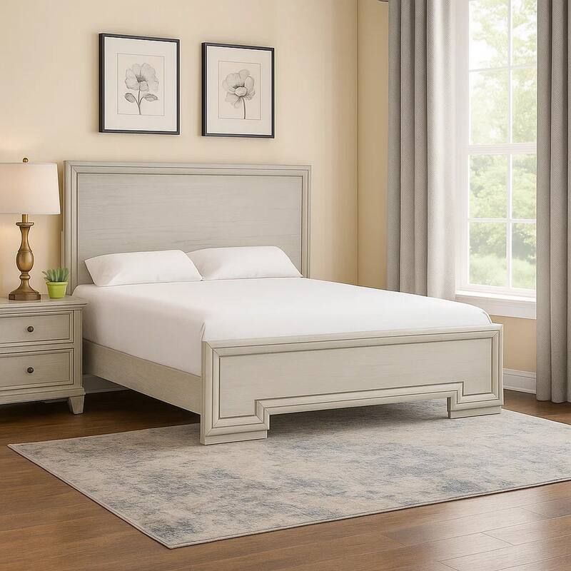 Basil King Size Bed, Rustic White Solid Wood, Transitional Panel Design