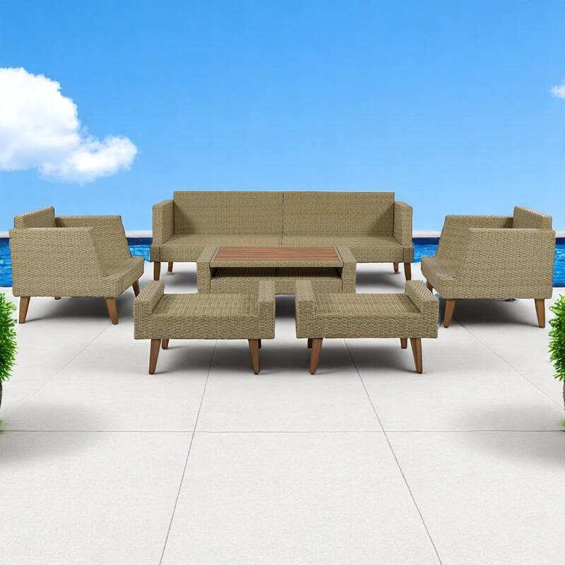 6-Piece PE Wicker Patio Furniture Set with Loveseat, Single Chairs, Ottomans, Cushions & Pillows, Coffee Table with Glass Top