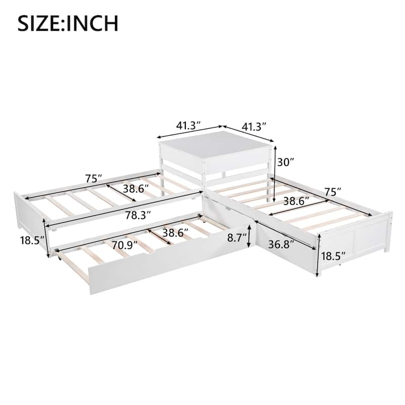 L-shaped Twin Size Platform Bed with Trundle and Drawers Linked with Built-in Desk, White