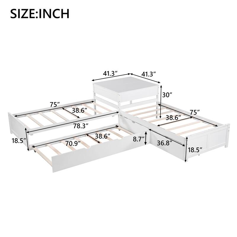 Solid Wood L-Shaped Bed with Trundle, Desk & Drawers - 3-in-1 Sleeping and Study Area