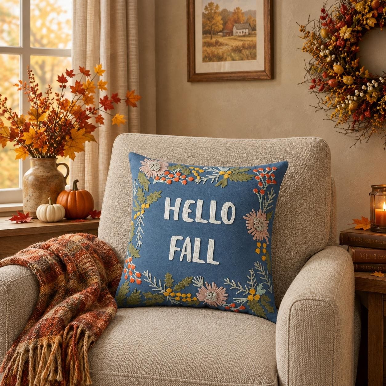 HomeRoots 18" Blue And Ivory Hello Fall Cotton Throw Pillow with Embroidery