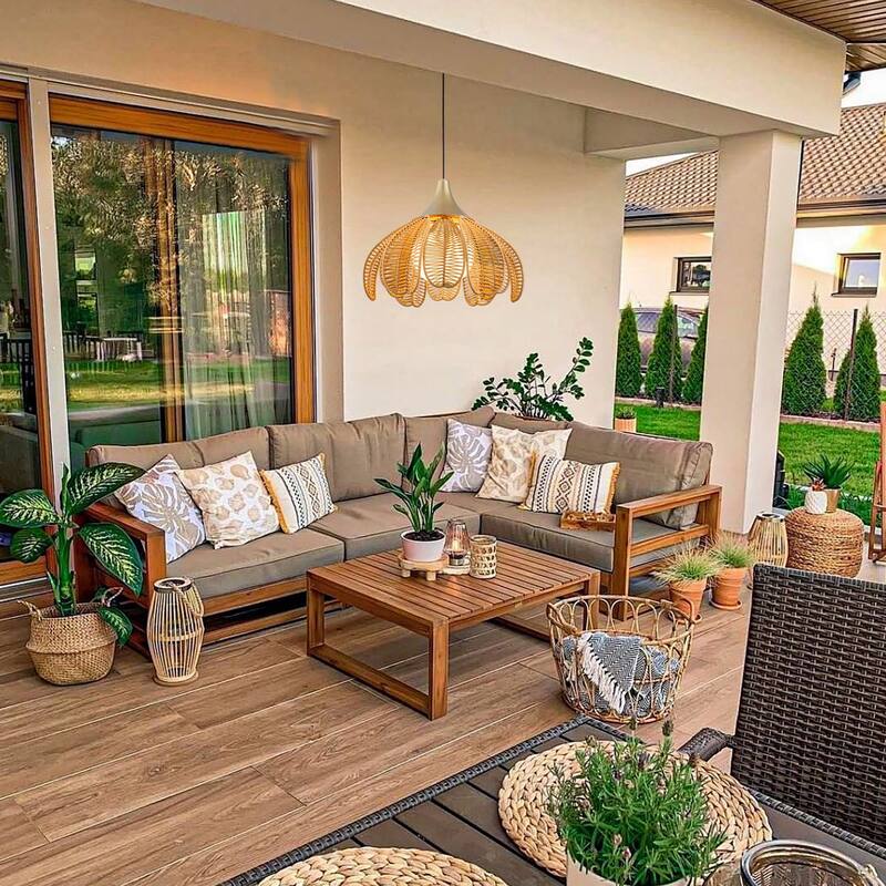 Kamala 1-Light Wicker Outdoor Pendant Light Coastal Boho Style Flower Handwoven