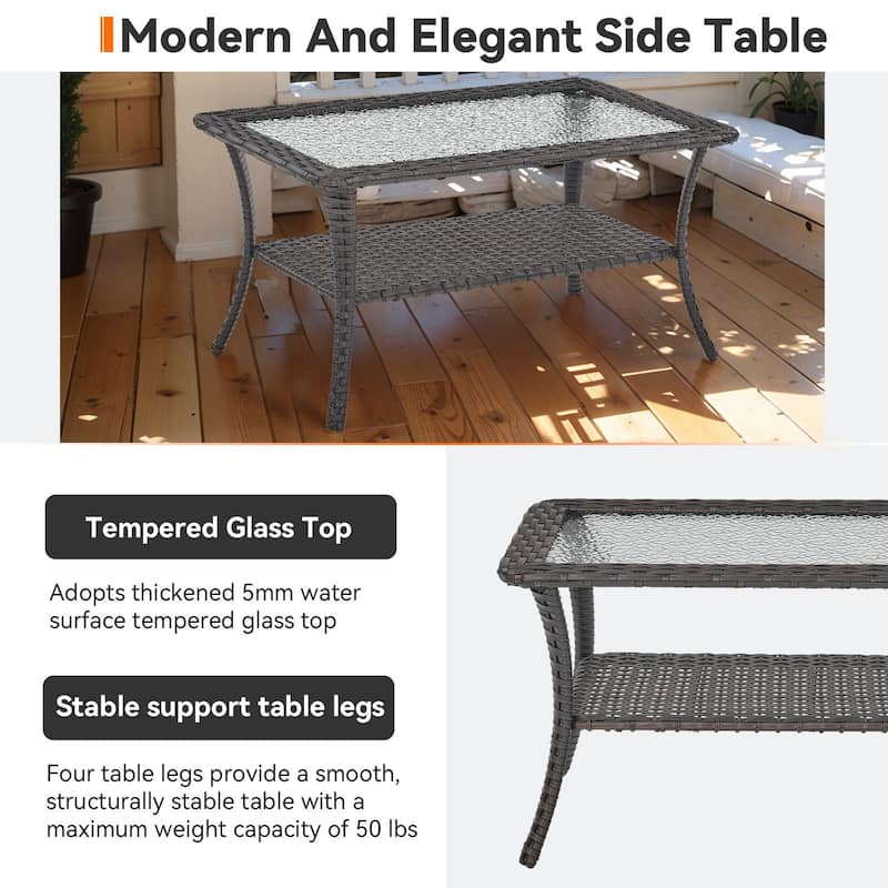 Outdoor Coffee Table with Tempered Glass Top -Brown