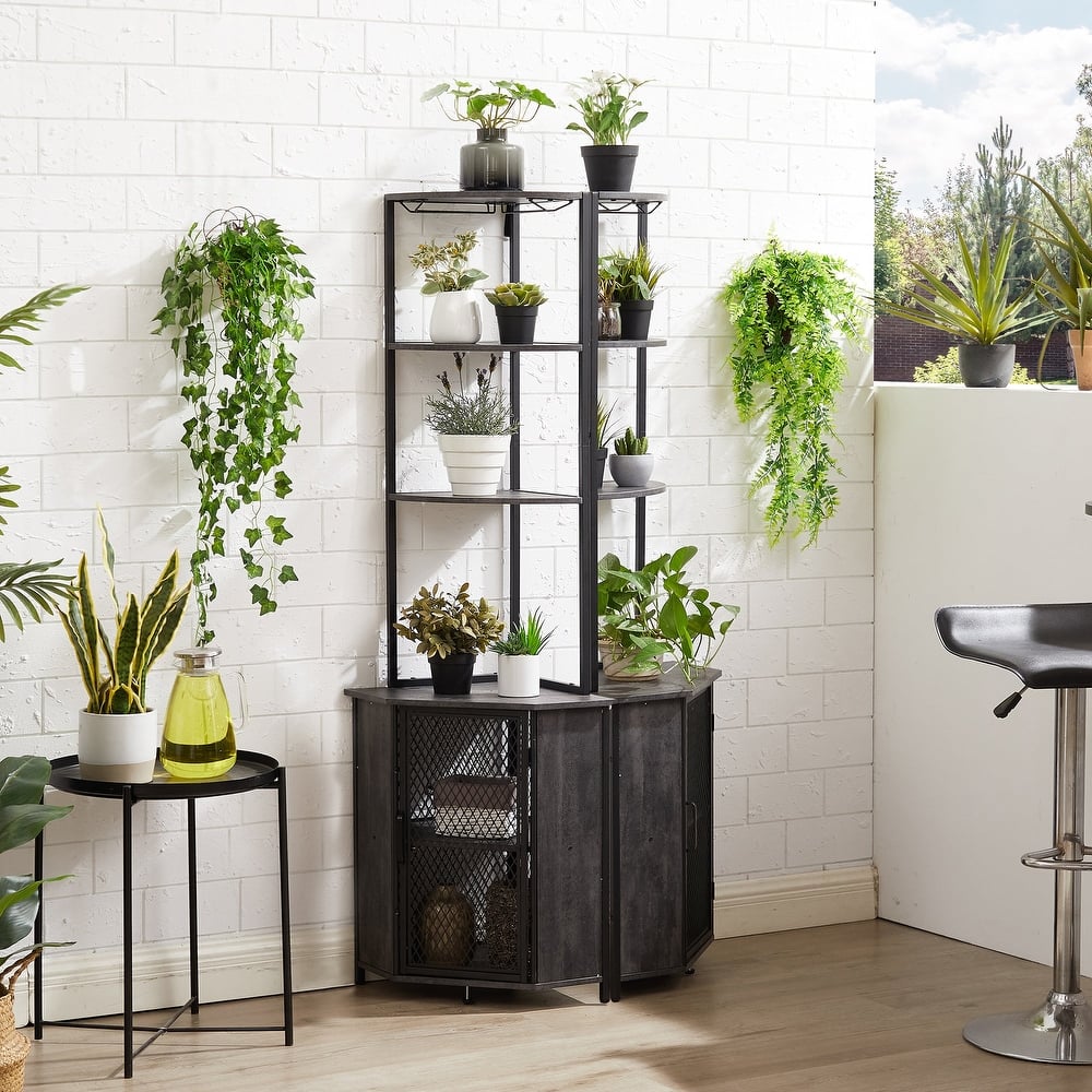 Javlergo 5-tier Wood Bookshelf Bookcase Display Corner Shelf with Storage and Glass Holder 63" Wine Bar