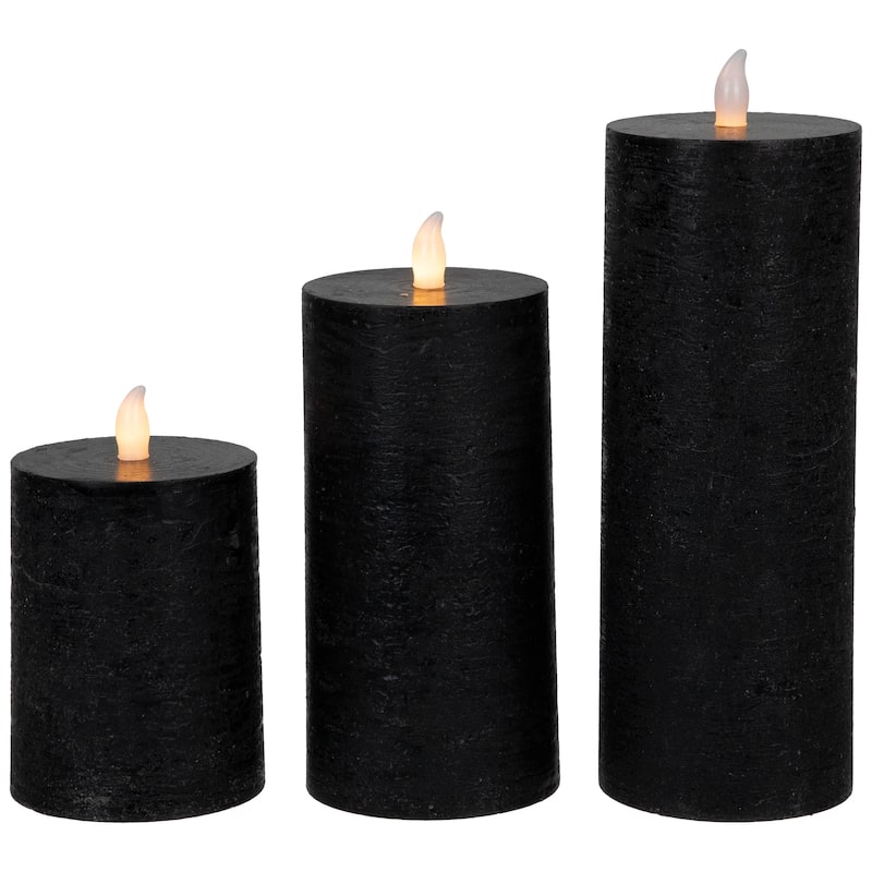 3 Flameless Solid Black Flickering LED Halloween Wax Pillar Candles 8"