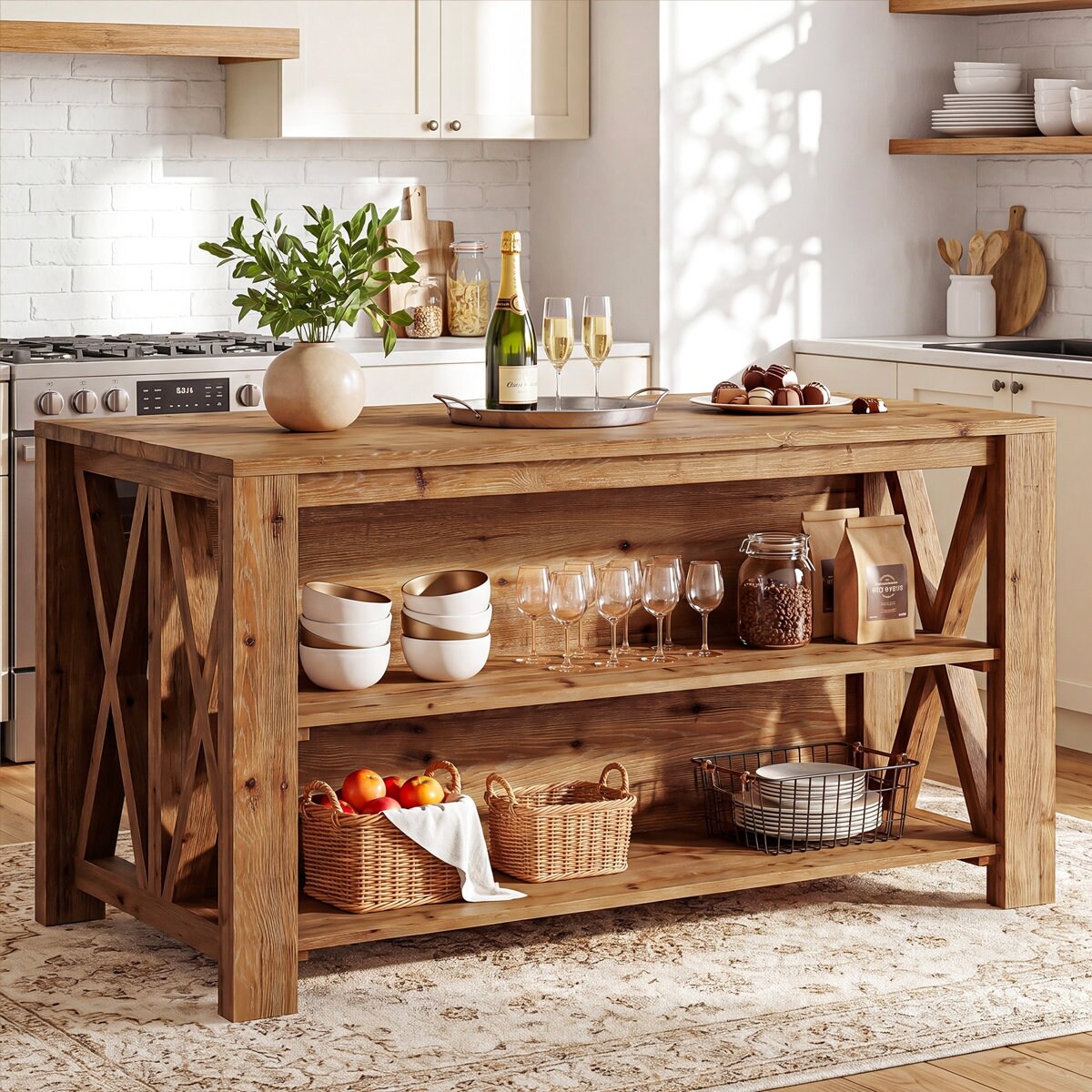 55'' Solid Wood Farmhouse Kitchen Island Table with Storage Shelves ...