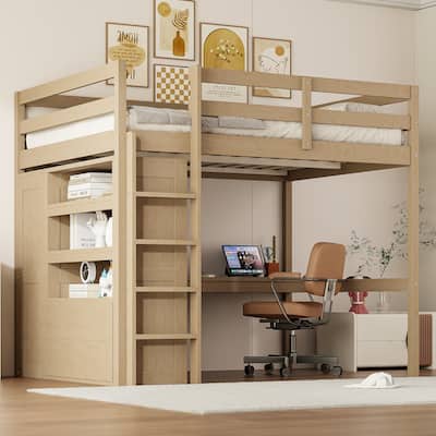 Full Size Pinewood Loft Bed with Built-in Study Desk and Wardrobe, Storage Shelves and 2 Drawers, Full-length Guardrails