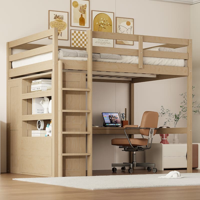 Full Size Wooden Loft Bed with Closet, Integrated Desk, Bookshelves, Drawers & Safety Ladder - Walnut