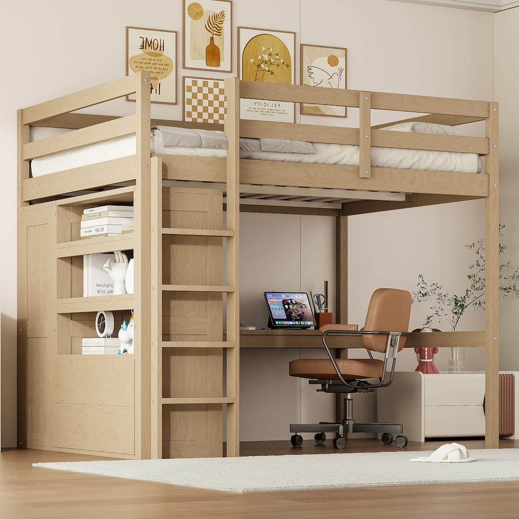 Full Size Wooden Loft Bed with Closet, Integrated Desk, Bookshelves, Drawers & Safety Ladder